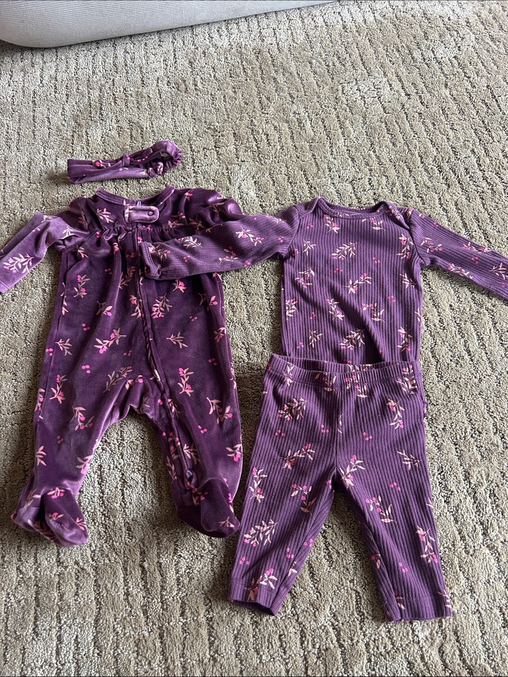 Kids Purple Floral One-Piece and Set - Soft Ribbed Two-Piece with Headband
